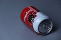 Jupiler can of Belgium beer, isolated, copy space